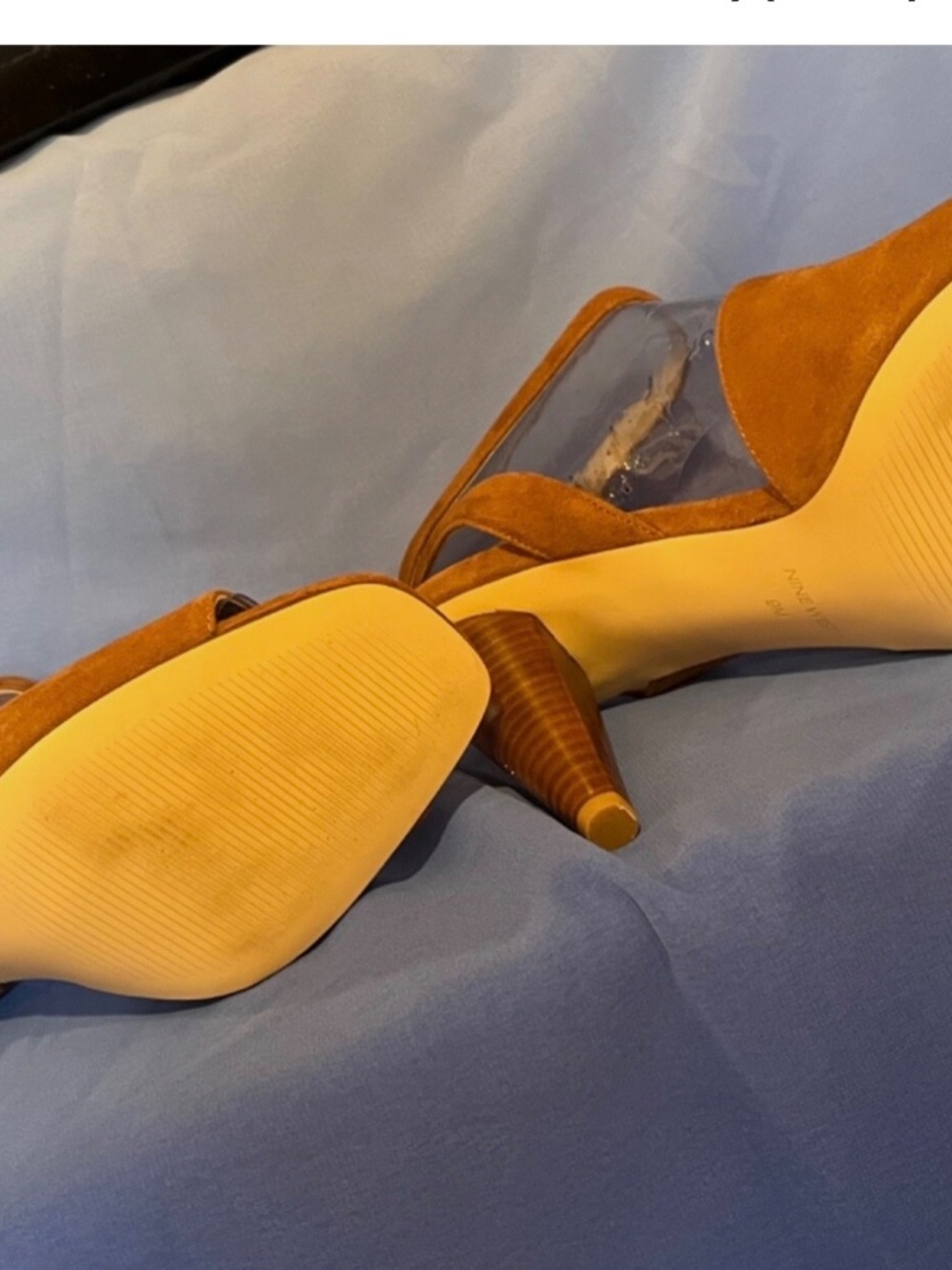 Nine West Quilty cone heels ankle strap suede sandals mules womens 9 nude boho - Picture 11 of 13
